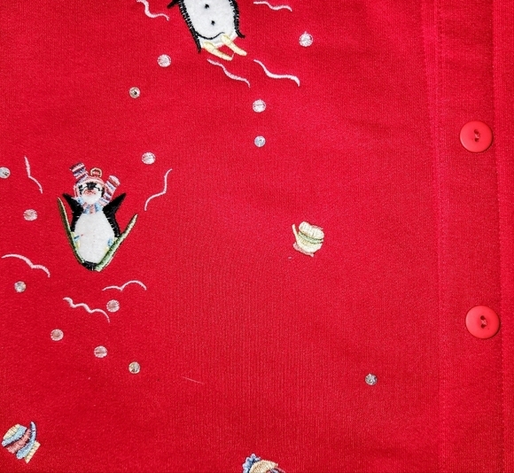 Quacker Factory Red Vintage Christmas Embroided Pingouins Cardigan Sweater S - Picture 4 of 11
